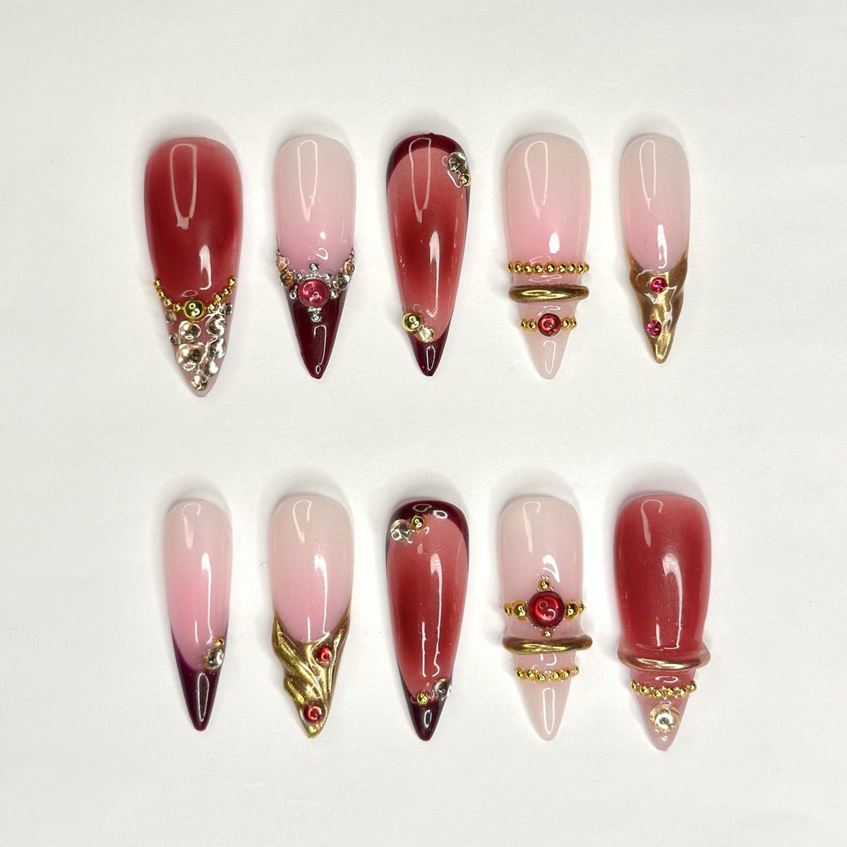 3D Gold Luxury Wine Red Press On Nails | Jelly Burgundy Ombre | Y2K Metallic Chrome Art | Statement Wedding Party | OB1351DG