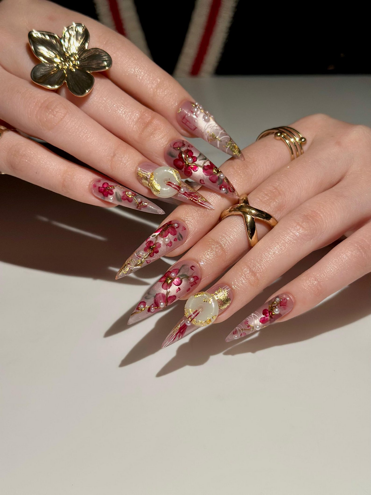 Handmade Cherry Blossom Press On Nails, Asian Inspired Luxury 3D Jade and Gold Leaf Nails, Elegant New Year Luxury Fake Nails, OB1021HC
