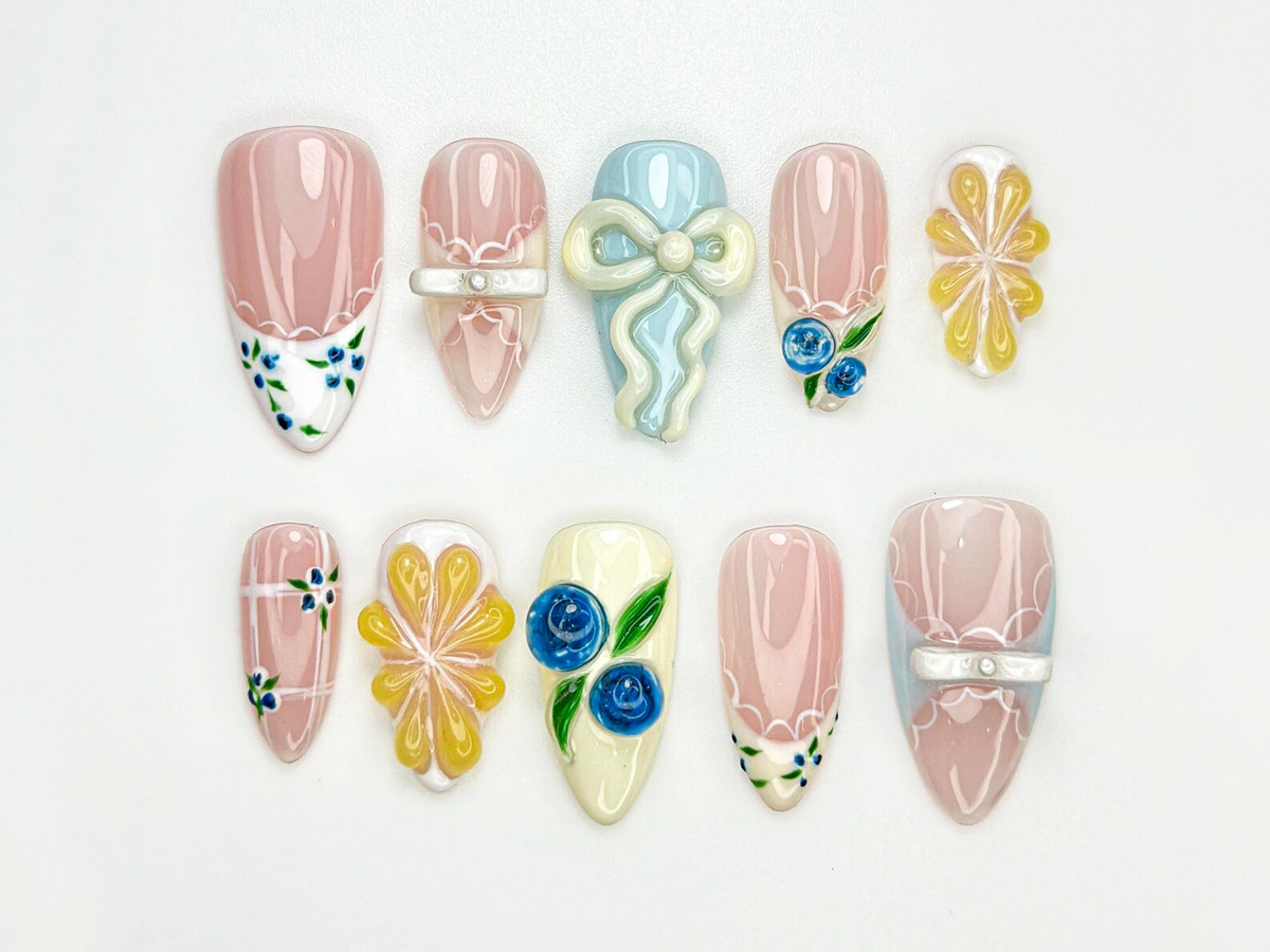 Lace French Tip Press On Nails | Blueberry Floral Nails | Kawaii Vintage Ribbon Nail Art | 3D Bow Pink Press Ons | Pastel Nails | OC886HC
