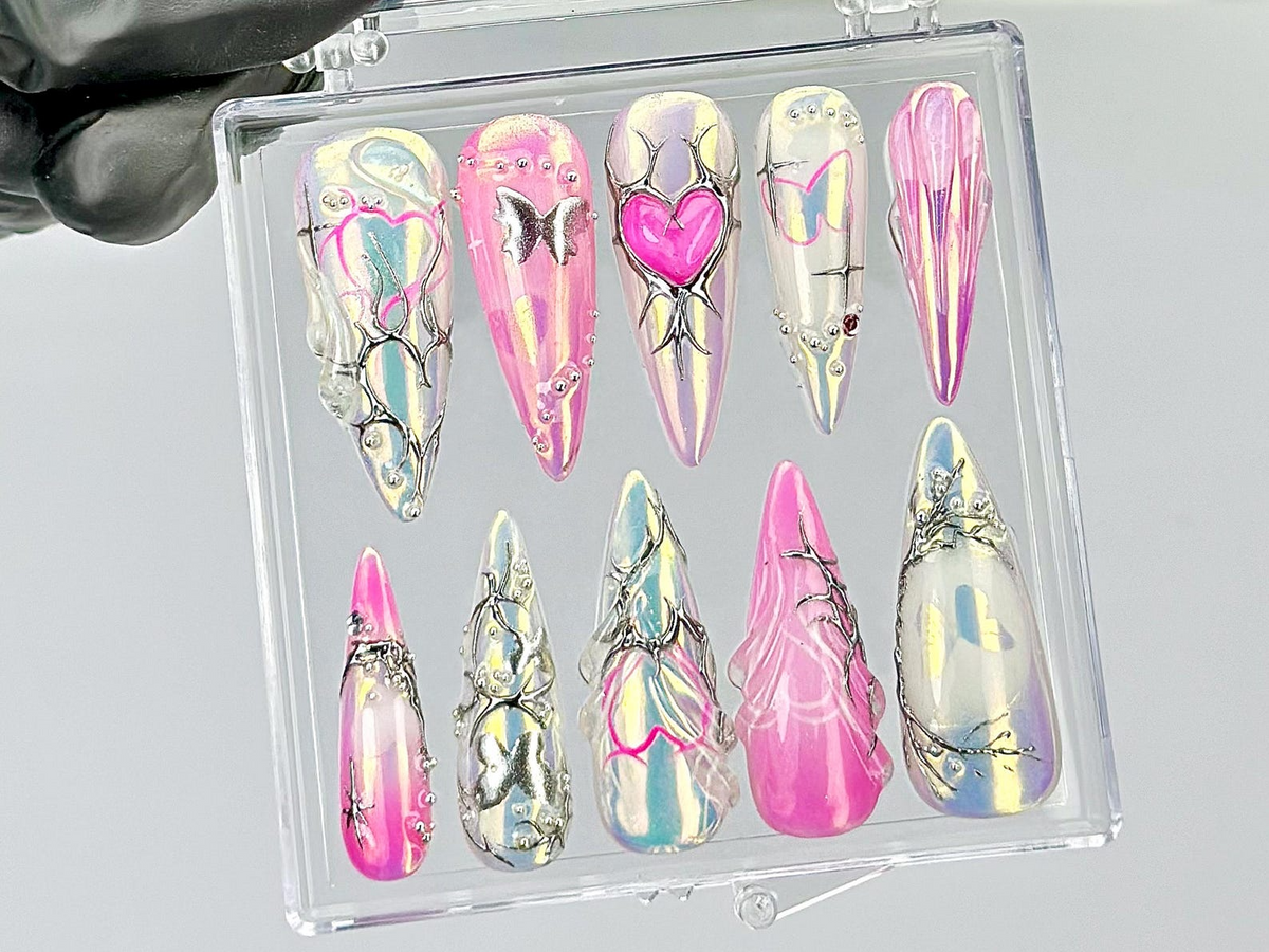 Chrome Pink Heart Press On Nails By DoryNails | Y2K Silver Mirror Design Fake Nails | Iridescent Butterfly Nail Art | Girly Nails| OC817Y