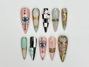 Gilded Luxury Colorful Press On Nails | Eye Art Gold Ring Nails | Handmade Nude Stiletto Nail Art | Luxury Statement Press Ons | OB302EC