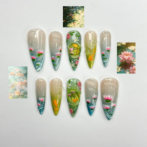 Zen Koi Pond Press On Nails | 3D Lotus Flower & Goldfish Art | Ethereal Ombre Shimmer Nails | Botanical Water Ripple Press Ons | OB361IC