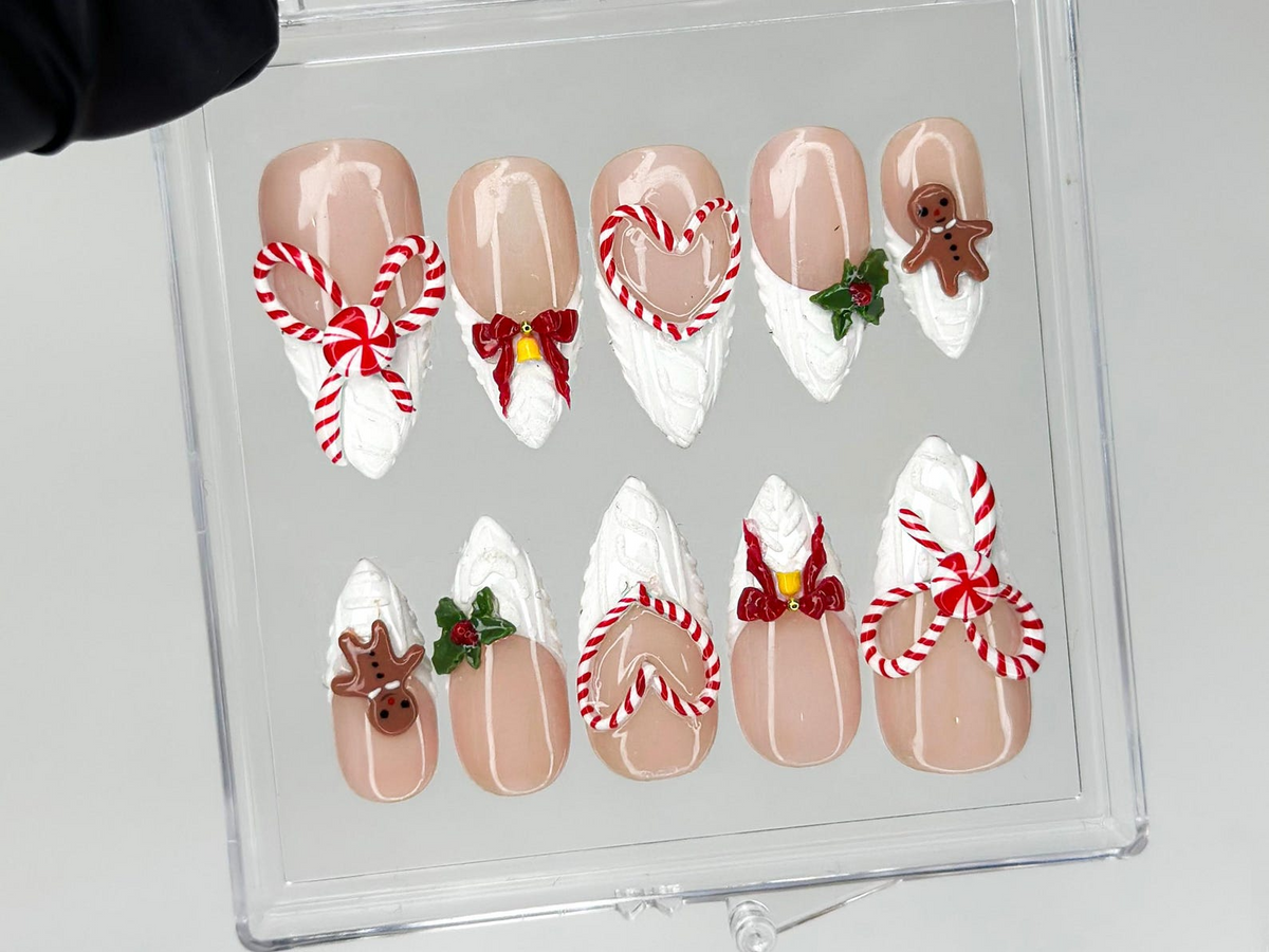 Winter Wonderland Press On Nails For Christmas | 3D Christmas Cookie Nail Art | Red White Holiday Nails | Gingerbread & Bow Press Ons | OB1197HC