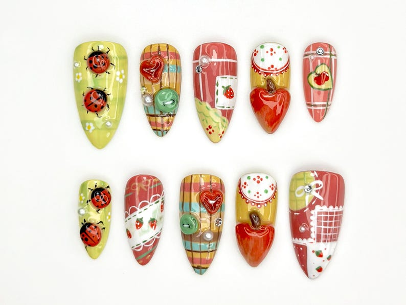 Ladybug, Strawberry Press On Nails | Vintage Strawberry Nail Art |3D Fruit & Plaid Design Nails |Summer Fruit Press Ons |Cute Nails |OB835YK