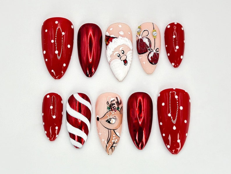 Press On Nails For Christmas | Santa, Reindeer and Holiday Ornaments Details | Christmas-Themed Nail Design l Festive Holiday Nail|OB548HC