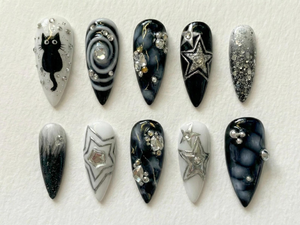 Gothic Black Cat Galaxy Press On Nails for Bold Girls | Handmade Silver Star Fake Nails | Dark Smoky Crystal Nail Art | OB286E