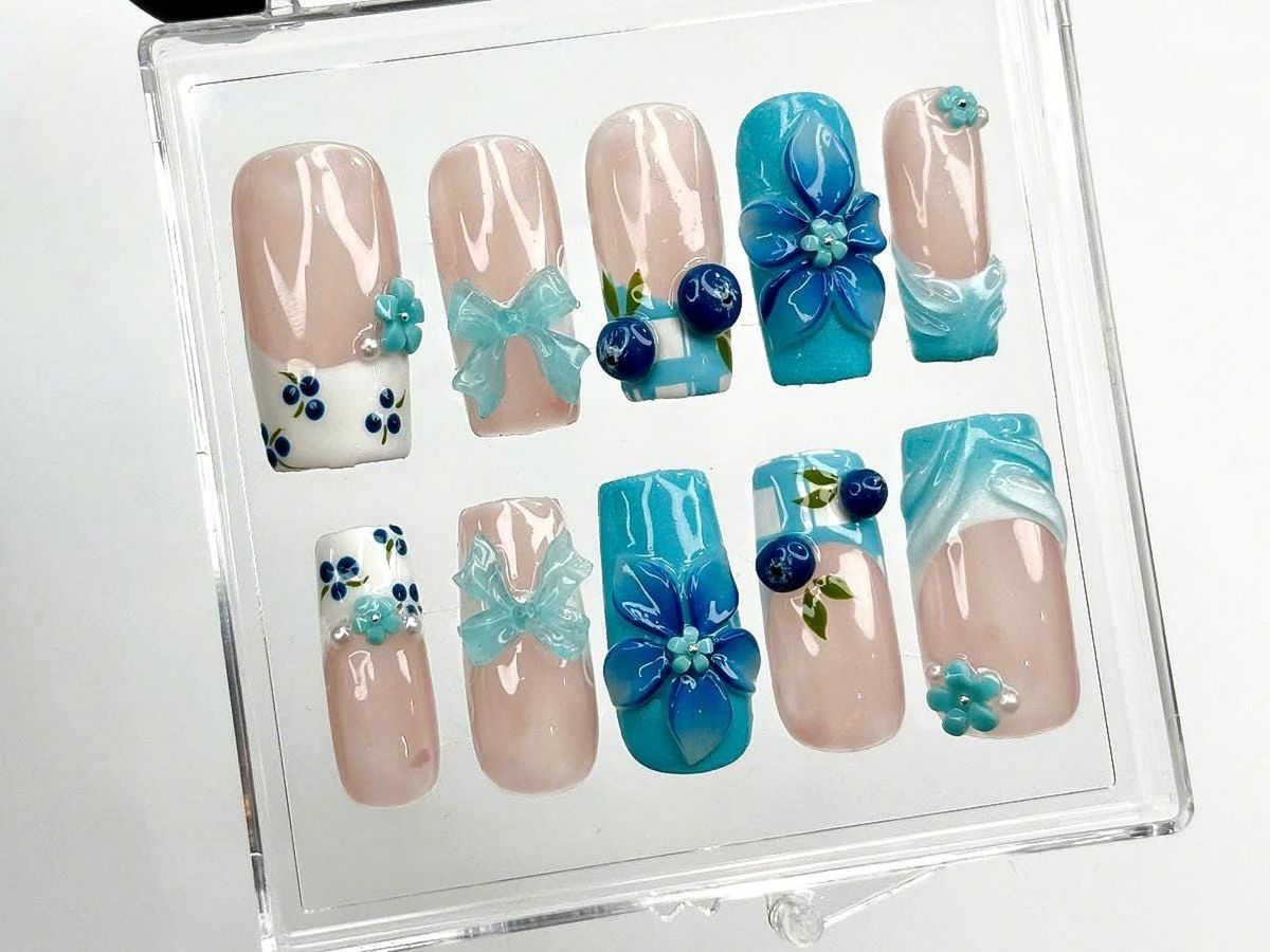 3D Blue Flower Press on Nails | Elegant Blue Floral Nail Art | Handmade Summer Nails | Gift for her | Summer Vibes | Beach nails | OB967DK
