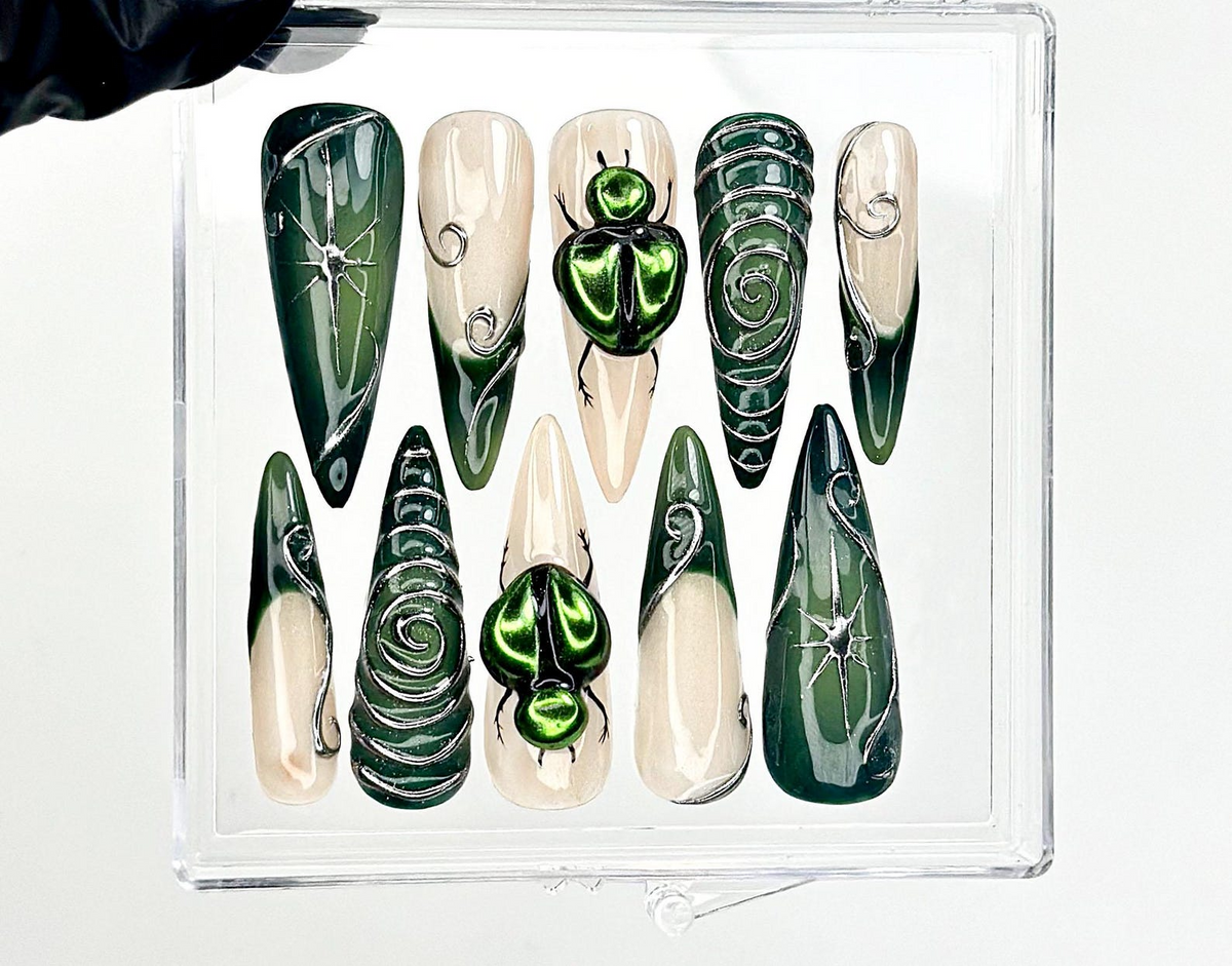 Gothic Green Press On Nails | Spider Web Nail Art | Dark Forest Vibes | Beetle 3D Design | Forest & Spider Web Details | OC963E