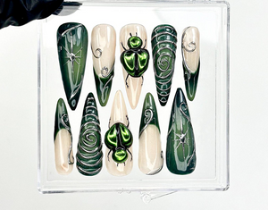 Gothic Green Press On Nails | Spider Web Nail Art | Dark Forest Vibes | Beetle 3D Design | Forest & Spider Web Details | OC963E