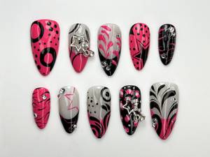 Y2K Hot Pink Press On Nails | Retro Pop Art Nail Set | Black & Pink Graphic Nails with Star Charms | Y2K Vibes Acrylic Press Ons | OC795HK