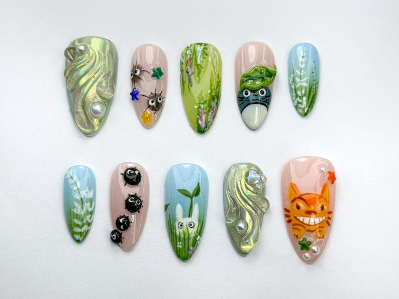 Whimsical Totoro Press On Nails | Ghibli Totoro & Friends Nail Set | Forest Spirit And Soot Sprite Set | Handmade Totoro Nail Art | OB742HC