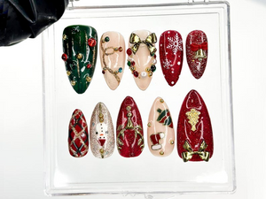 Luxe Christmas Press On Nails | Red Green Gold Christmas Nails | 3D Bow & Bell Nail Art | Festive Winter Press Ons | Christmas Set| OB1208H