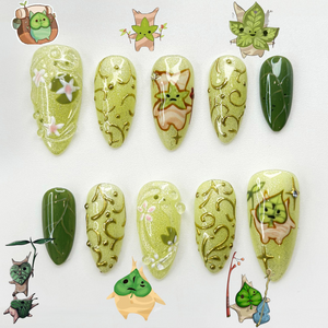 Korok Forest Press On Nails | Legend of Zelda Inspired Nails | Cute Green Fantasy Nail Art | Korok Leaf Nails | Game Press Ons | OB325HC