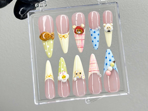 Cute 3D Cartoon Press On Nails | Pastel Kawaii Nail Art | 3D Bear Picnic Press Ons | Gingham Pastel Fake nails |Animal Kawaii Nails |OB990YK