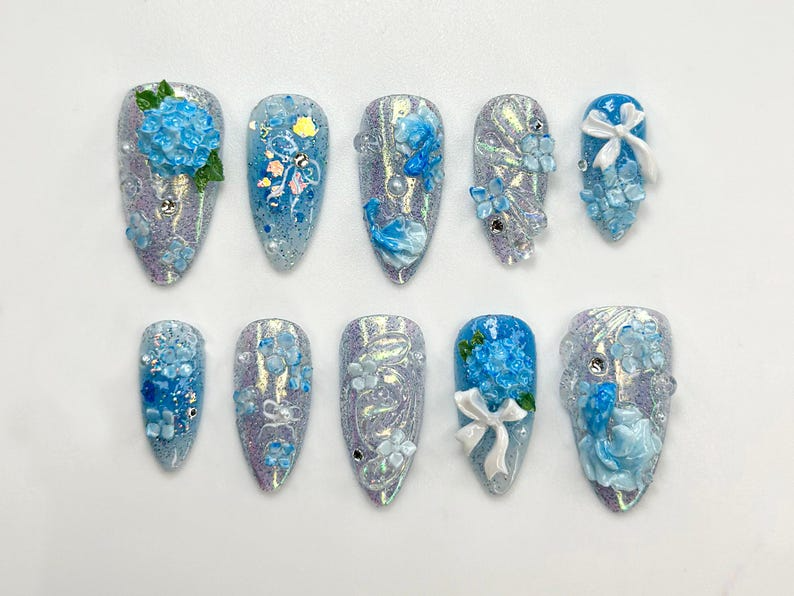 Iridescent Blue Garden Press On Nails | 3D Floral Glitter Nails | Elegant Blue Press On Nails | Handmade Romantic Bridal Set | OB774HC