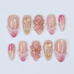 Blush Bloom Elegance Press On Nails with 3D Floral Accents| Gold Details & Pink Ombre| Suitable for Wedding| Events or Gift for Her OC828LK