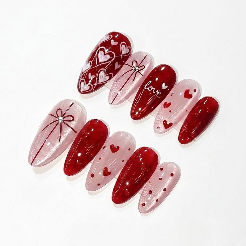 Valentine’s Day Heart Press On Nails | Red & Pink Romantic Nail Set | Handmade Gift for Girlfriend | Elegant Stiletto Fake Nails | OC999GC
