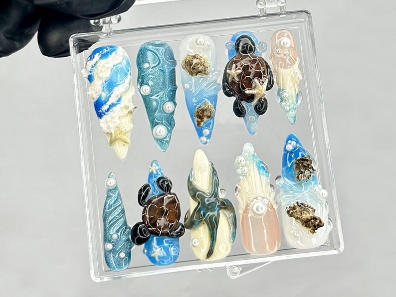 Under the Sea Press On Nails | Sea Turtle 3D Nail Art | Beach Theme Press Ons | Mermaid Core Fake nails | Blue Beach Vibes Nails | OB948YC