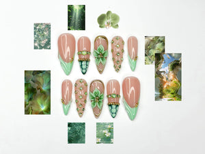 Jade Green Press On Nails with 3D Flower and Gold Detail | Elegant Floral Nails in Almond Shape | Luxury Nails | OC342NC