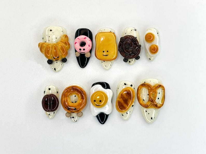 Breakfast Food Press On Nails | 3D Croissant Donut Nail Art | Toast and Egg Handmade Nails | Fun Foodie Nails | OB1114K