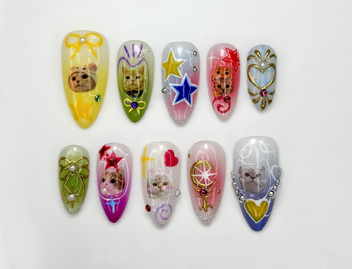 Kawaii Cat Press On Nails | Y2K Cute Kitty Nails | Colorful Nails | Harajuku Pop Nail Art | Handmade Cute Press Ons | OB313HC