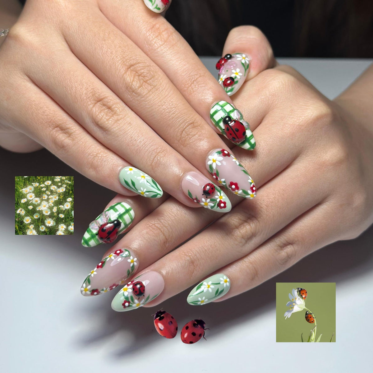 Cottagecore Daisy Ladybug Nails | Spring Gingham Press On Nails | Cute Picnic Nail Art | Green and White Nails | Floral Fake Nails| OC1317IC