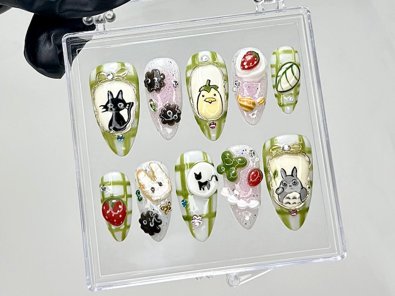 My Neighbor Totoro Press On Nails | Kawaii Ghibli Fake Nails | Totoro, Jiji, Soot Sprites Nail Art | Trendy Cartoon Kawaii Nails | OB909YC