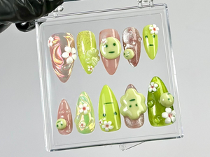 Kawaii Green Press On Nails by Dory Nails | Green & Pink 3D Nail Art | Whimsical 3D Fake Nails | Kawaii Nails with Flowers | Gifts | OC790YK