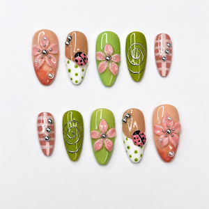 Ladybug Press On Nails Almond • Spring Garden Gift • Pink Green 3D Flower Cute Kawaii Handmade Fake Nails Reusable Set Floral Gift | OB428LG
