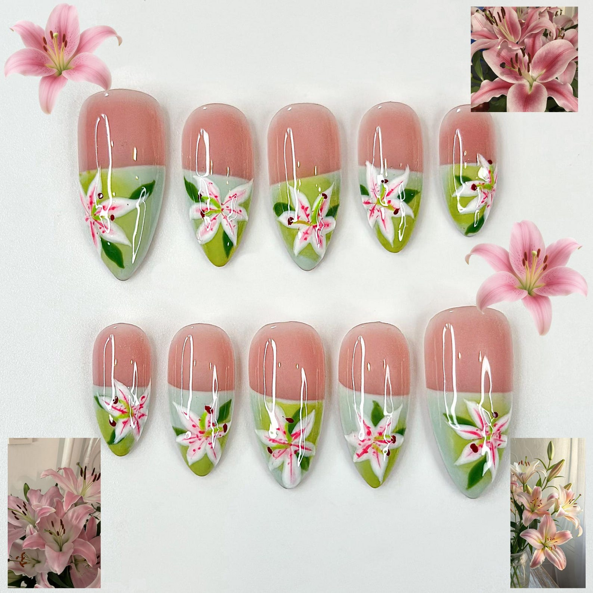 Soft Lily Floral Press On Nails for Spring | Pink Green Flower Nails | Lilies Nail Art | Botanical Press Ons | Romantic Spring Nail| OB294HC