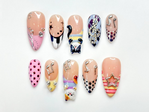 Polka Dot Cat Melody Press On Nails | Cute Cat Nail Art for Music Lover | Polka Dot Nude Nails | Luxury Cute Nails | OC294EC