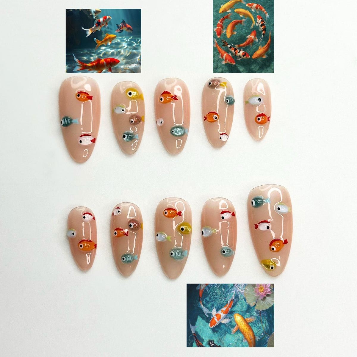 3D Fish Press On Nails | Cute Aquarium Almond Nails | Handpainted Ocean Jelly Fake Nails | Summer Beach Vacation Reusable Nails Gift|OB400LK