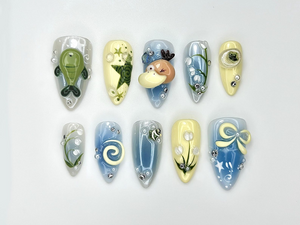 Forest Friends Duckling Press On Nails | Cute Turtle & Nature Nail Art | Lily of the Valley Nails | Green Blue Pastel Nails | OB973EC