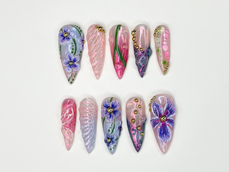 Floral Elegance 3D Press On Nails | Handcrafted Press On Nails with Delicate Flower Designs | Perfect for Spring and Summer | OB300SK