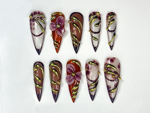 Fall Orchid Press On Nails | Burgundy Floral Nail Art | Luxury Handmade Long Nails | Stiletto Nail Design | Autumn Nail Collection | OB169HK