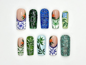 Vintage Botanical Press On Nails | Hand-Painted Ceramic-Inspired Nail Art | Green Leaf Design | Nature-Inspired Press Ons | OB933H