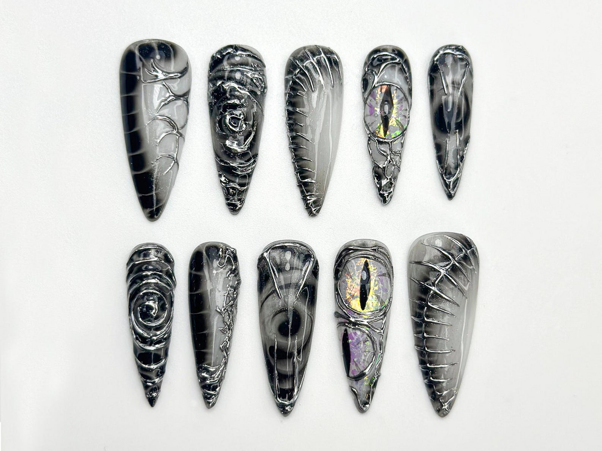 Dragon Gothic Press On Nails | Black 3D Nail Art | Dark Mystic Scale Nails | Handmade Dragon Claw Press Ons | Unique Fantasy Nails | OB801HC