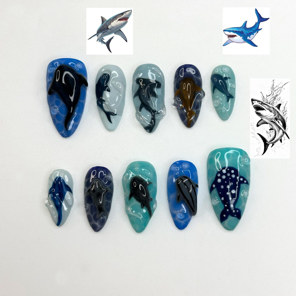Handmade Shark Press On Nails | 3D Great White Shark Nails | Hammerhead Whale Shark | Shark Blue Sea Ocean Nails | Gift for Her OB410LK