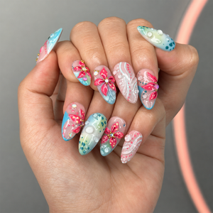 Summer Floral Press On Nails Almond • Tropical Vacation Gift for Her • Flowers Handmade Fake Nails Beach Nail Set| OB1368LG
