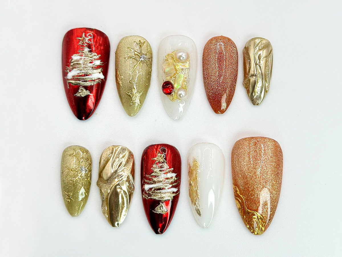 Christmas Tree Press On Nails | Red & Gold Holiday Nail Art with 3D Details | Christmas Tree, Pearl Accents | Holiday Nail Set| OC536HC