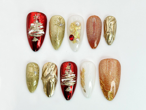 Christmas Tree Press On Nails | Red & Gold Holiday Nail Art with 3D Details | Christmas Tree, Pearl Accents | Holiday Nail Set| OC536HC