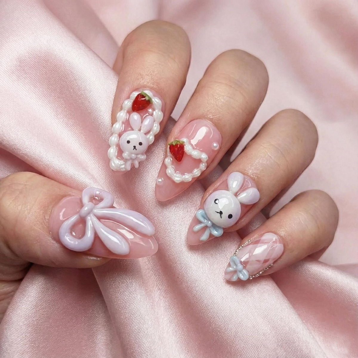 Soft Pink Bunny Press On Nails | Kawaii Nail Art with Bows | Handmade Pastel Nails | Sweet Gift for Her | OB1112GC