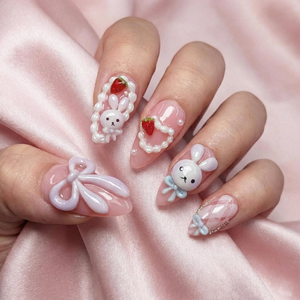 Soft Pink Bunny Press On Nails | Kawaii Nail Art with Bows | Handmade Pastel Nails | Sweet Gift for Her | OB1112GC