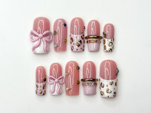 Blush Pink Leopard Press On Nails for Luxury Nail Lovers | Nude Pink Nails with 3D Bow Accent| Leopard French Tips with Gold Detail| OB288HC