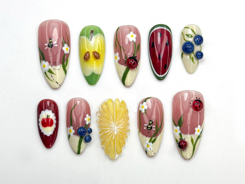 Garden Picnic Press On Nails | Fruit & Floral Summer Nail Art | 3D Ladybug And Lemon Nails | Handmade Berry Picnic Nail Tips | OC799HK