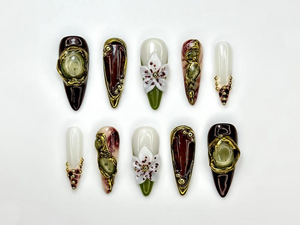 Autumn Gemstone Bloom Press On Nails | Fall Burgundy and Green Nail Art | 3D Flower & Crystal Accents | Baroque Autumn Design | OC1094EC