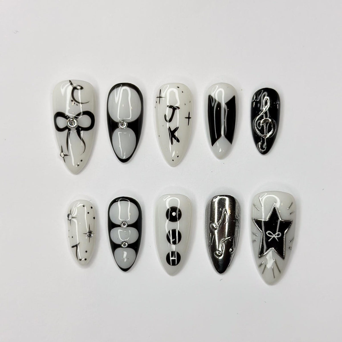 JungKook Inspired Black & White Nails | Kpop JK Solo Era Press Ons | Y2K Star and Bow Nails | Musical Note Gothic Press Ons | OC364IK