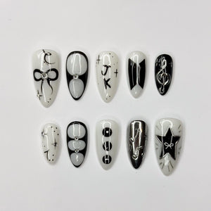JungKook Inspired Black & White Nails | Kpop JK Solo Era Press Ons | Y2K Star and Bow Nails | Musical Note Gothic Press Ons | OC364IK