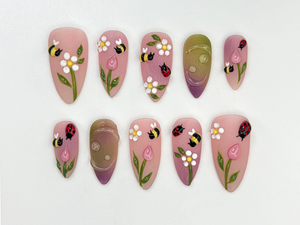 Bee & Ladybug Garden Press On Nails | Spring Floral Tulip Nail Art | Pastel Ombre Flower Nail Design | Cute Garden Insect Nails | OC826HC