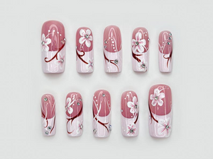 Floral Pink Gradient Press On Nails | Elegant Pink Floral Nail Art | Rhinestone & Petal Design | Romantic Spring Nails | OB206EC